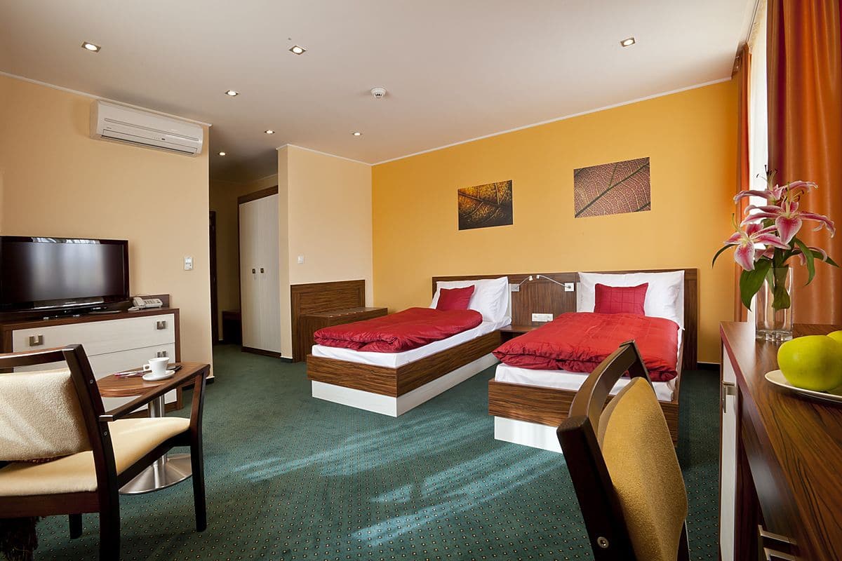 A hotel room with two beds, a TV, a desk, and a chair.