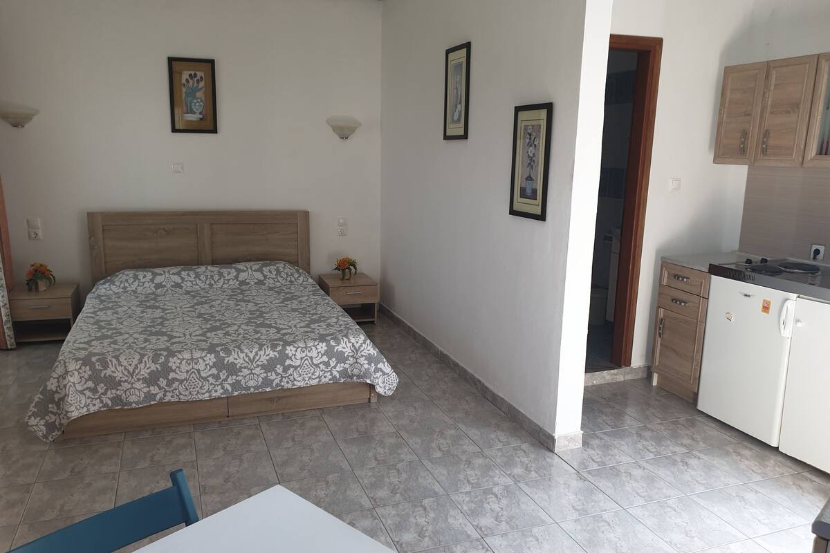 A bedroom with a bed, bedside tables, a nightstand, a small table with a chair, and a kitchen area with cabinets and a refrigerator.