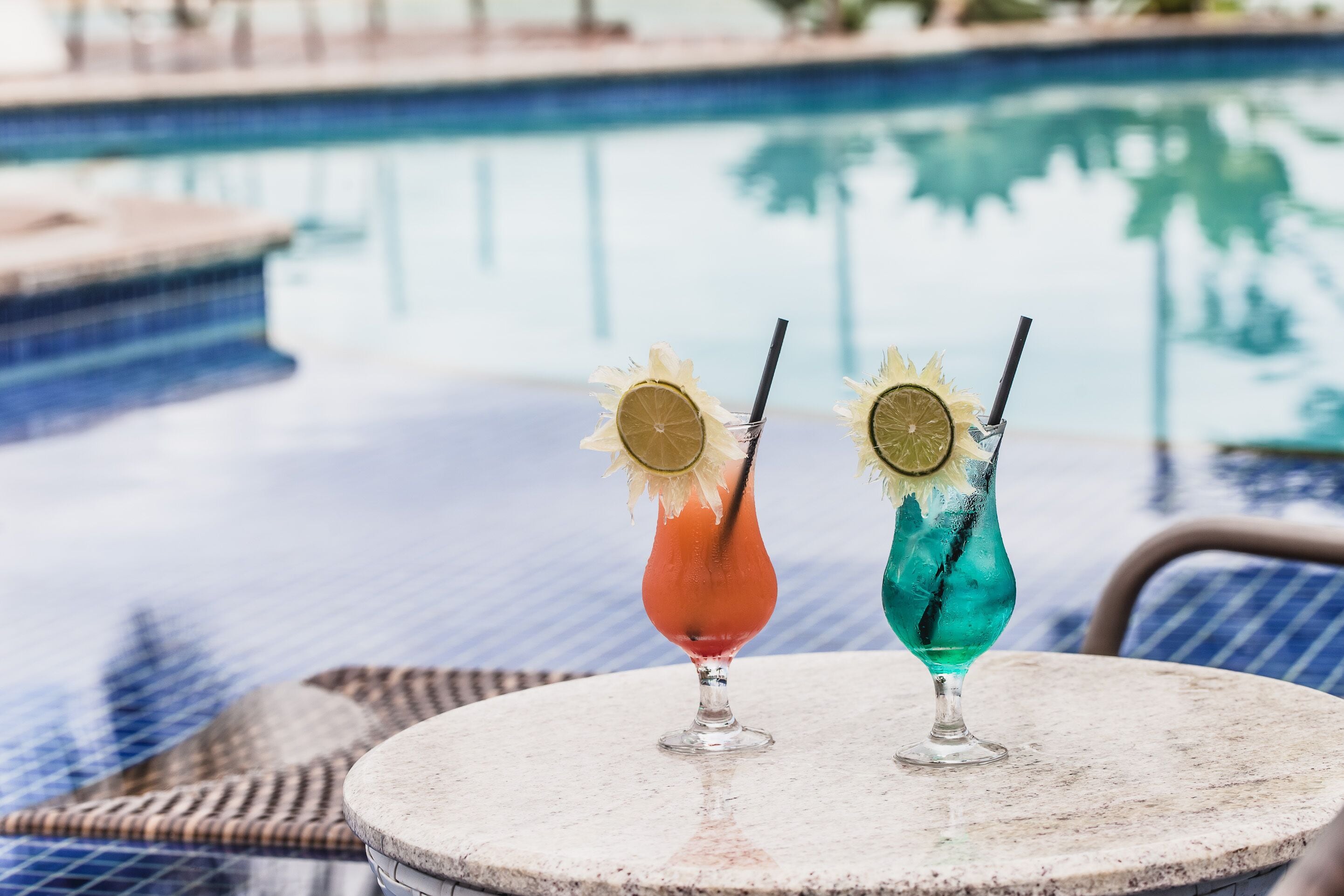 outdoor pool, pool umbrellas, pool loungers