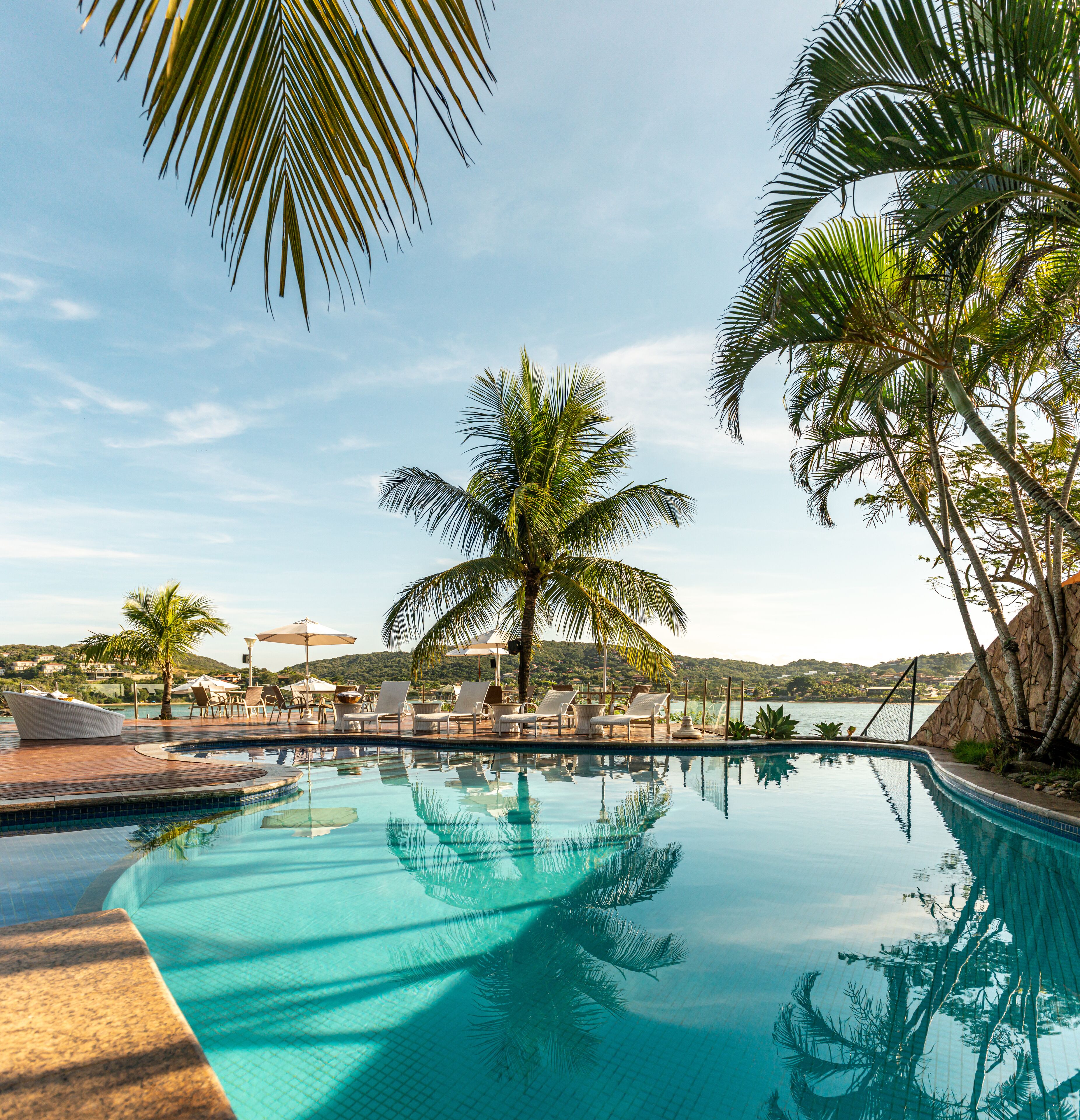 outdoor pool, pool umbrellas, pool loungers