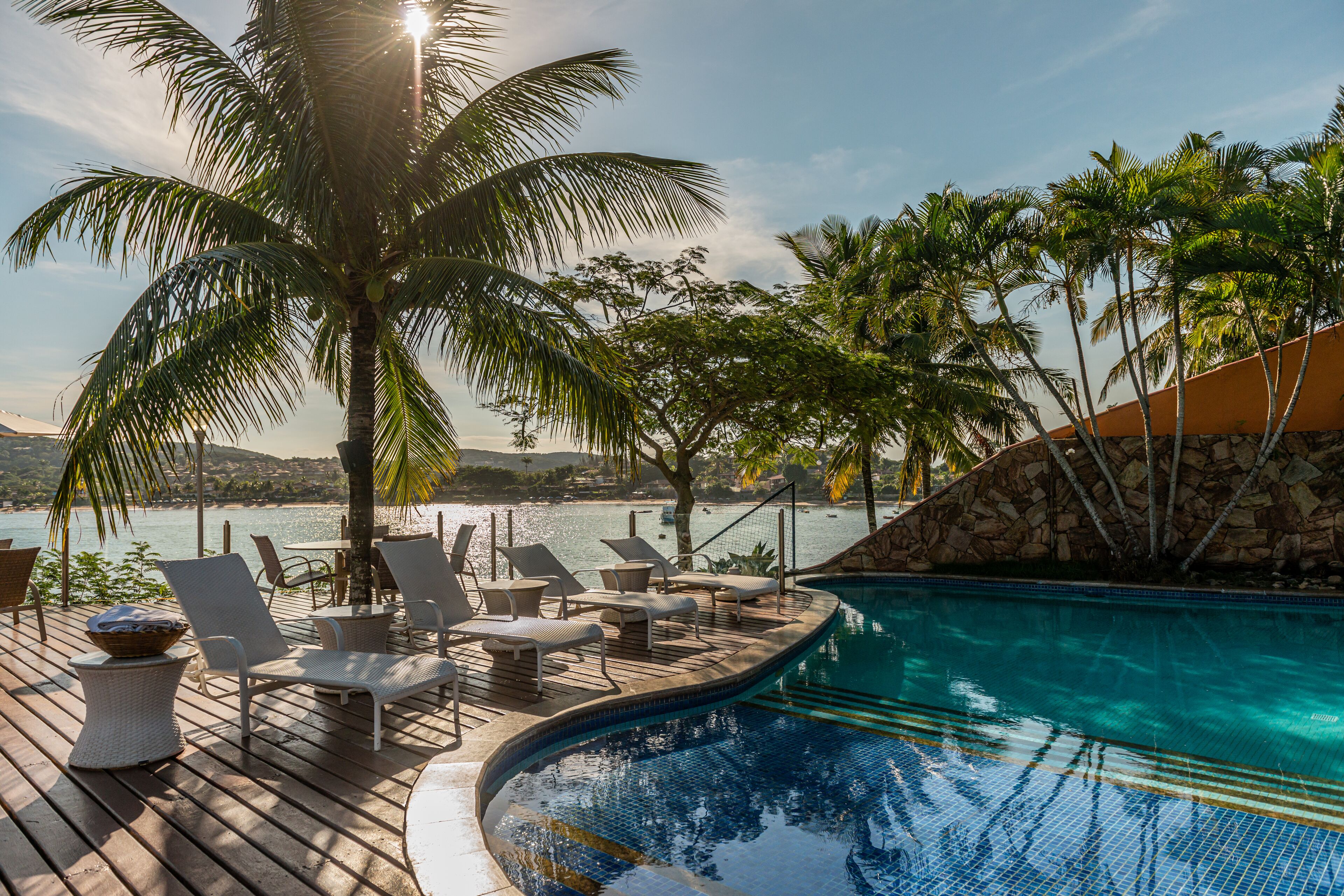 outdoor pool, pool umbrellas, pool loungers