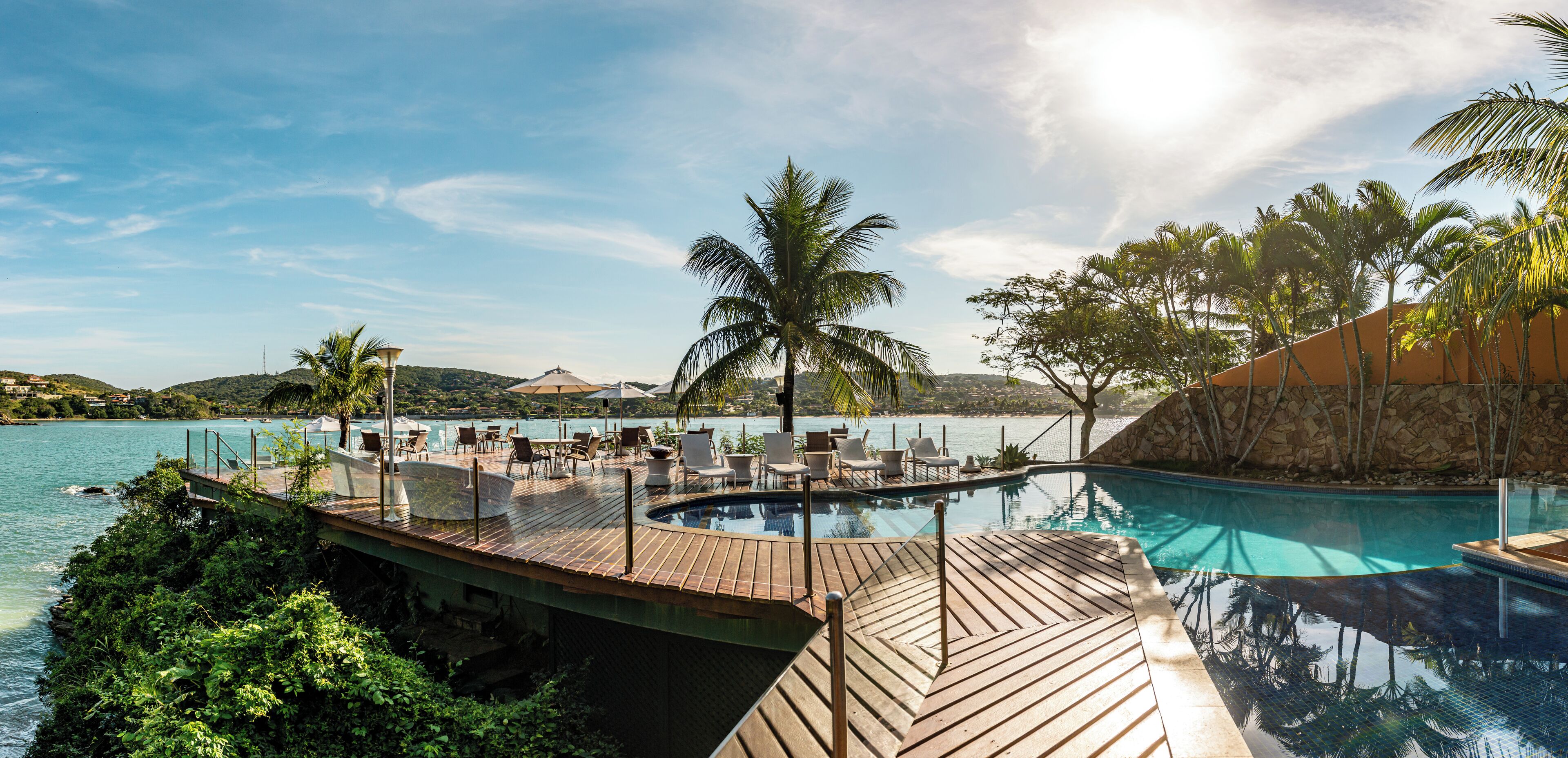 outdoor pool, pool umbrellas, pool loungers