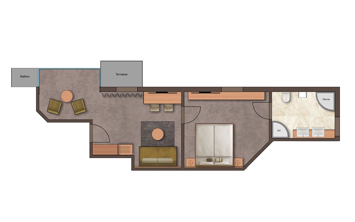 A hotel room layout with a balcony, terrace, and ensuite bathroom.