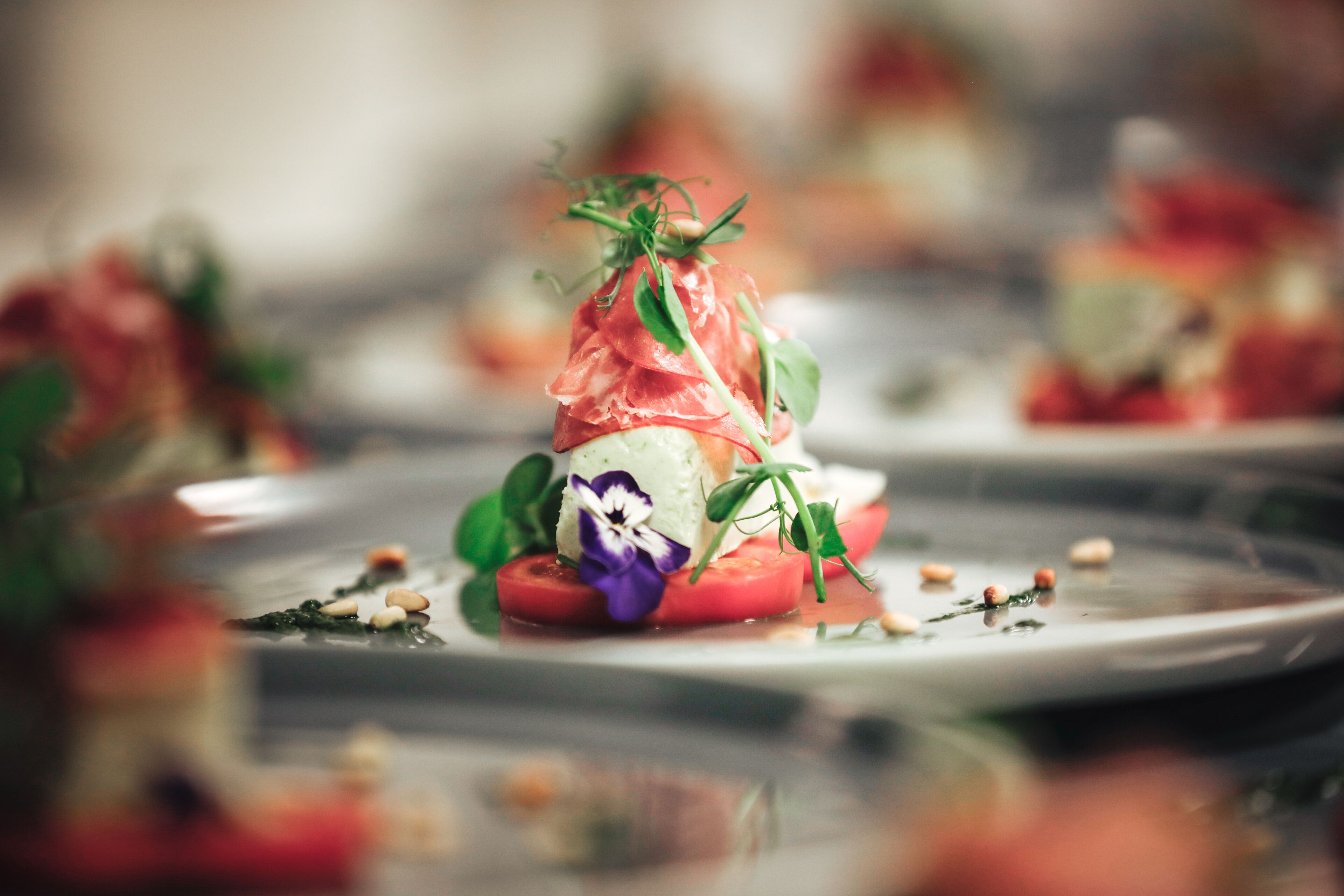 Close-up de um prato gourmet com tomate, queijo e folhas, servido em um prato branco.