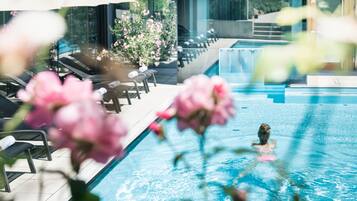 Indoor pool, outdoor pool, sun loungers