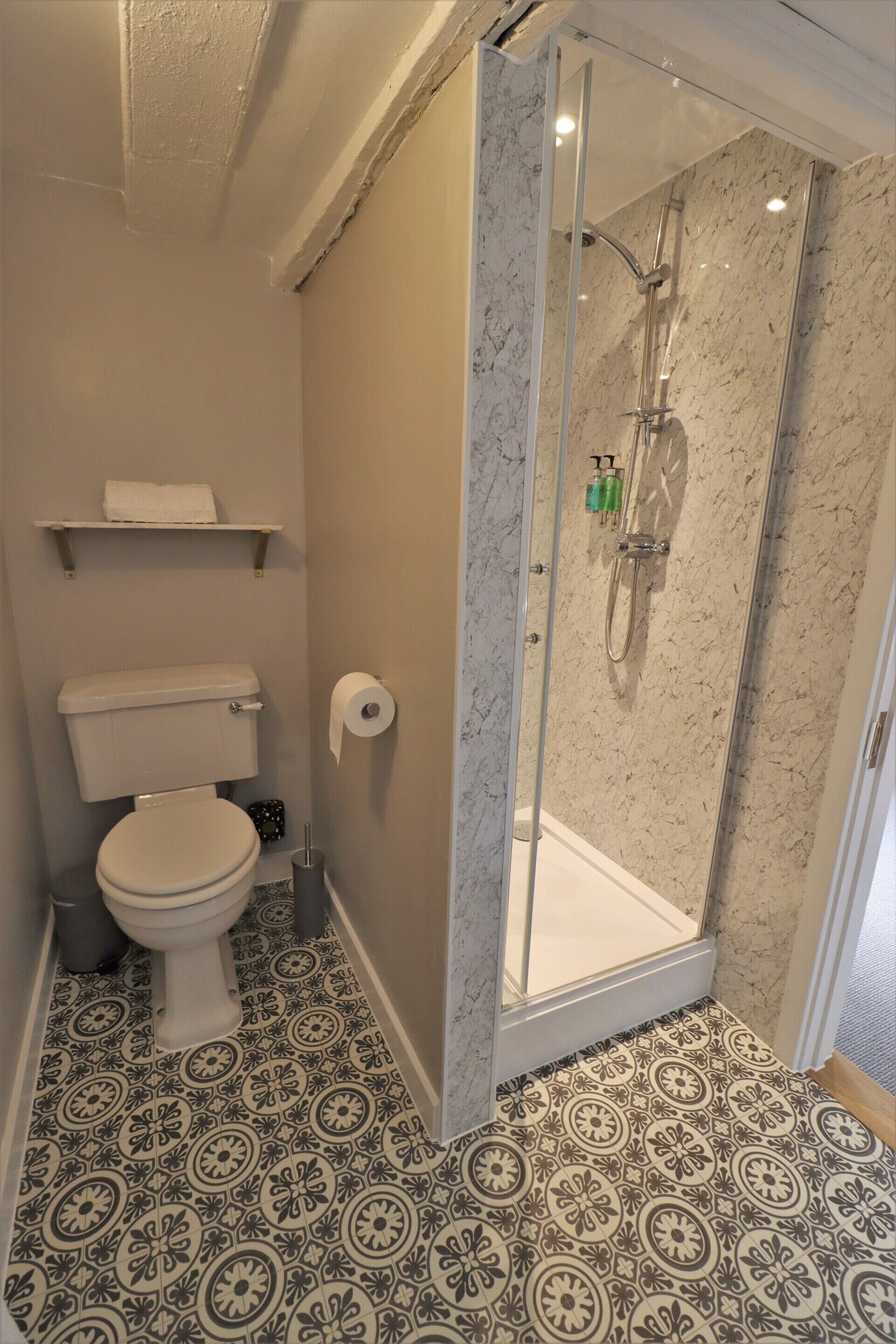 Een badkamer met toilet, douche met glazen deur en vloertegels met patroon.