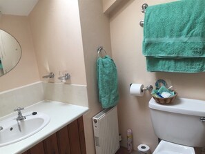 A bathroom with a white sink, a mirror, a towel rack with a green towel, a toilet, and a radiator. - Middle Flass Lodge (Clitheroe)