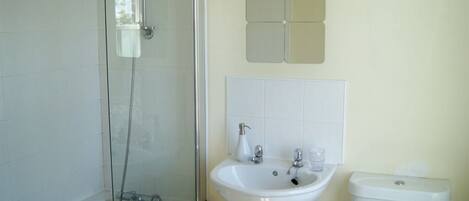 A bathroom with a glass shower enclosure, a white sink with a mirror, and a toilet.