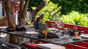 Mesa al aire libre con copas de vino, una planta pequeña y salero de madera.