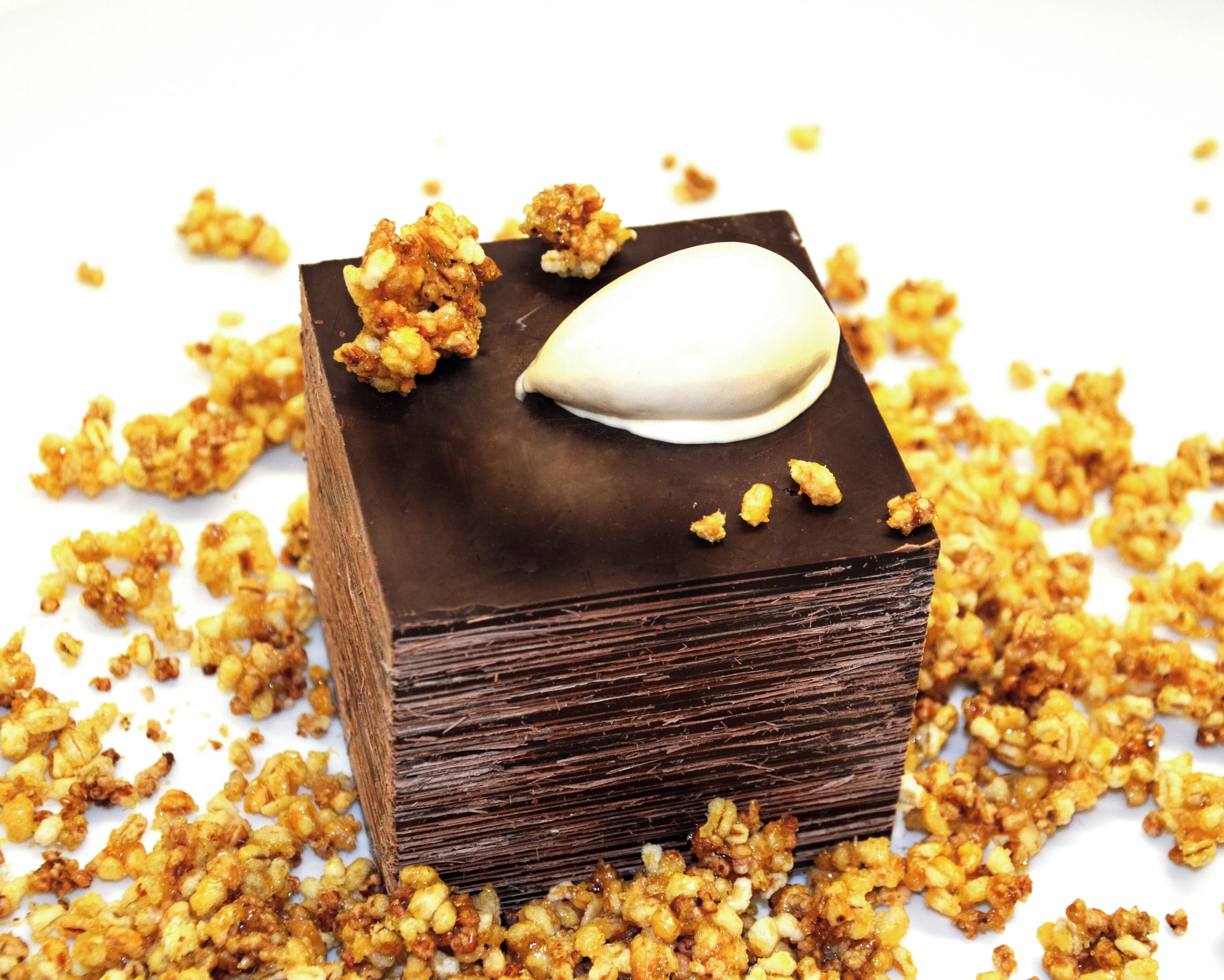 A dessert with a chocolate base, a white topping, and caramelized nuts.