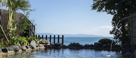 A clear pool with a wooden fence, surrounded by rocks and tropical plants, leading to a view of the sea.
