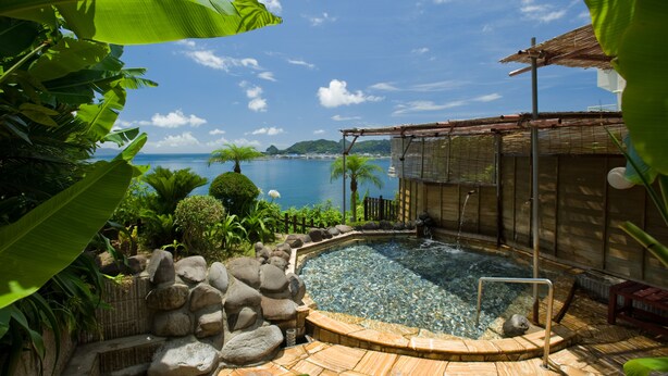 A private pool with a view of the sea, surrounded by tropical plants and rocks. - Ibusuki Royal Hotel (Ibusuki)