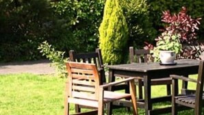A wooden table and chairs set on a lawn with a potted plant and a tall tree in the background. - Elmdon Lodge (Birmingham)