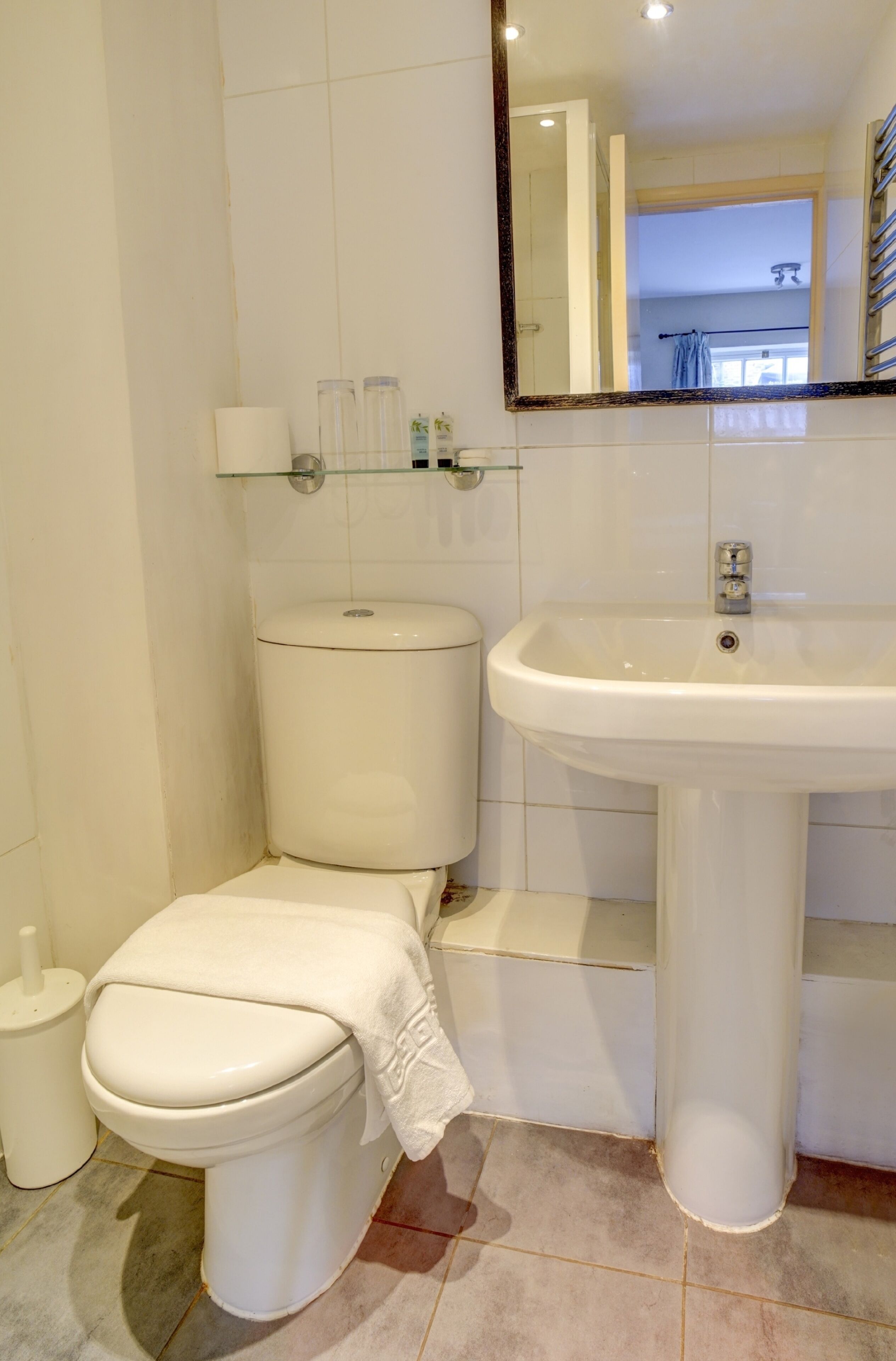 A bathroom with a toilet, sink, and glass shelves.