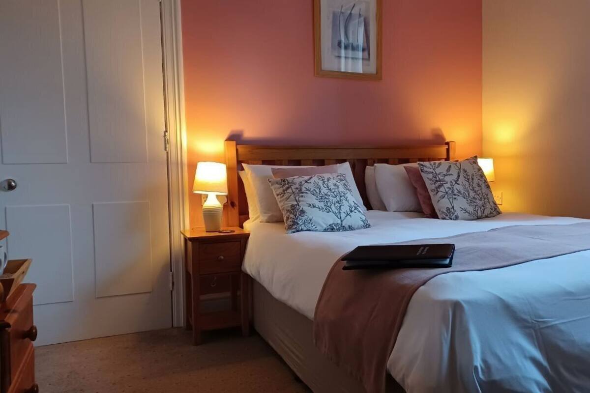 Una cama bien hecha con una manta y almohadas, una mesita de noche con una lámpara y una puerta a la izquierda.