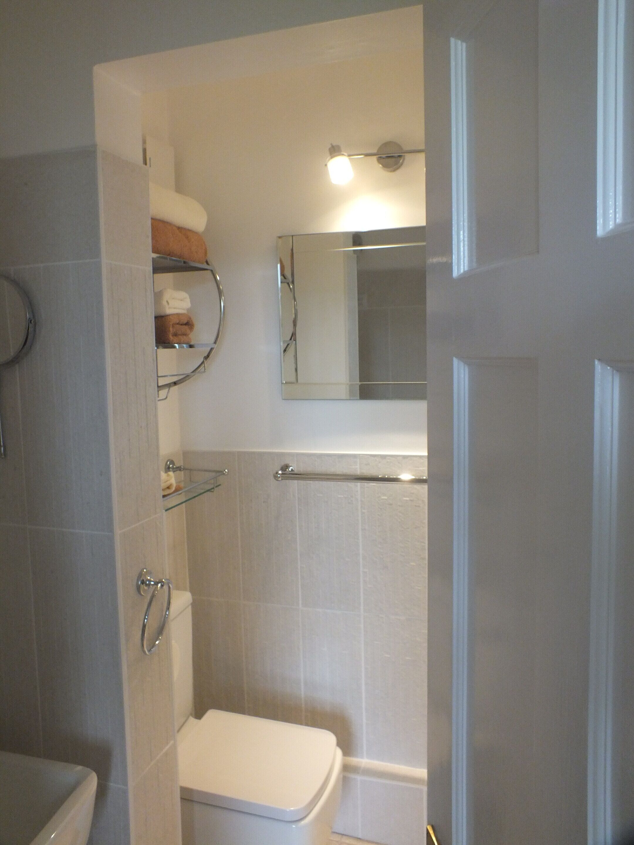 A bathroom with a toilet, a shower, a towel rack, and a mirror.