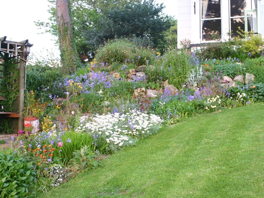 A garden with a variety of flowers and plants, a wooden pergola, and a white building in the background.