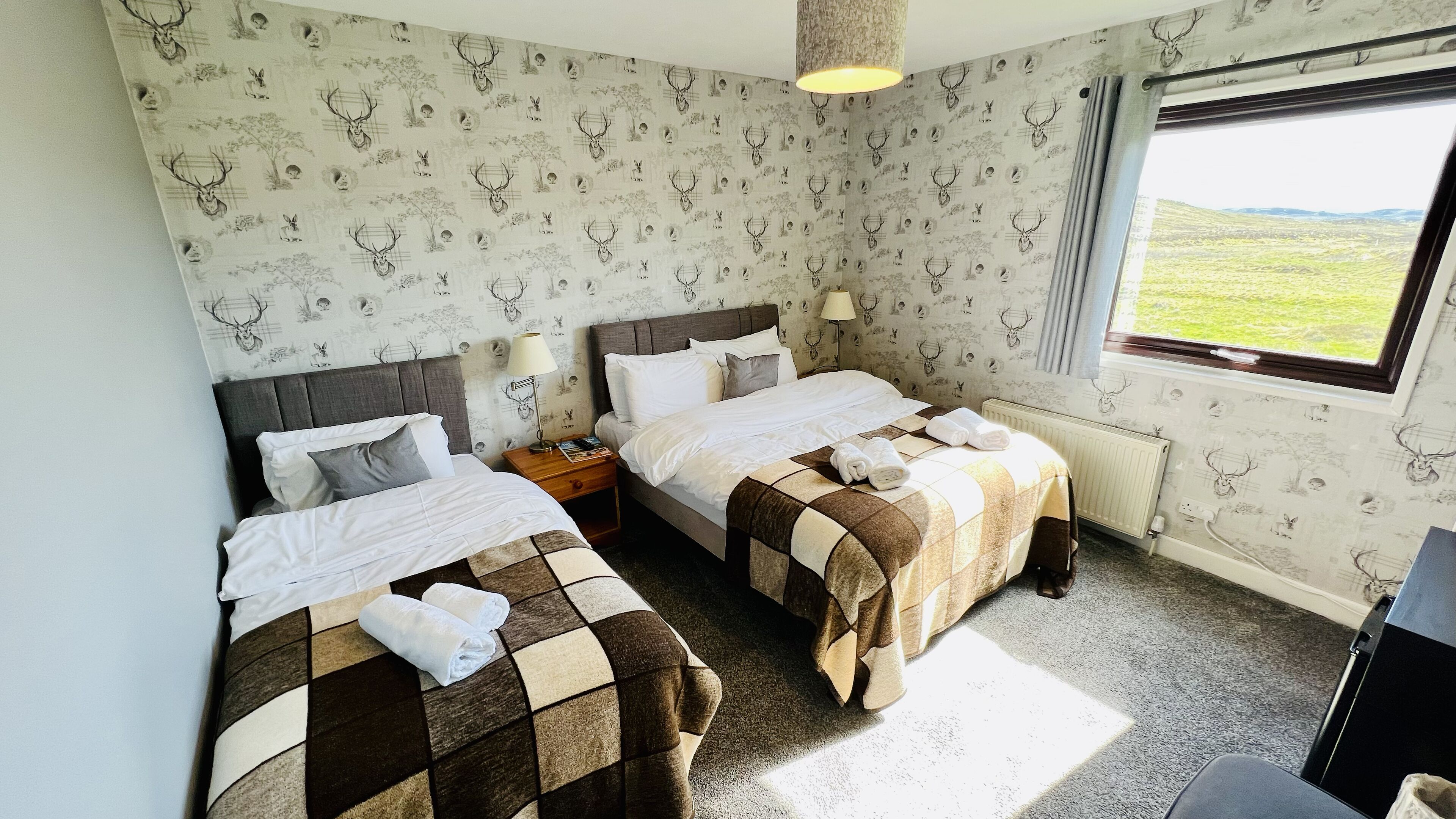 Een slaapkamer met twee bedden, een nachtkastje, een lamp en een raam met uitzicht op een groen landschap.