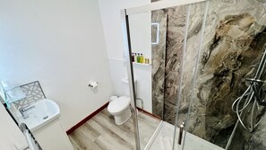 Hair dryer, towels, soap, shampoo