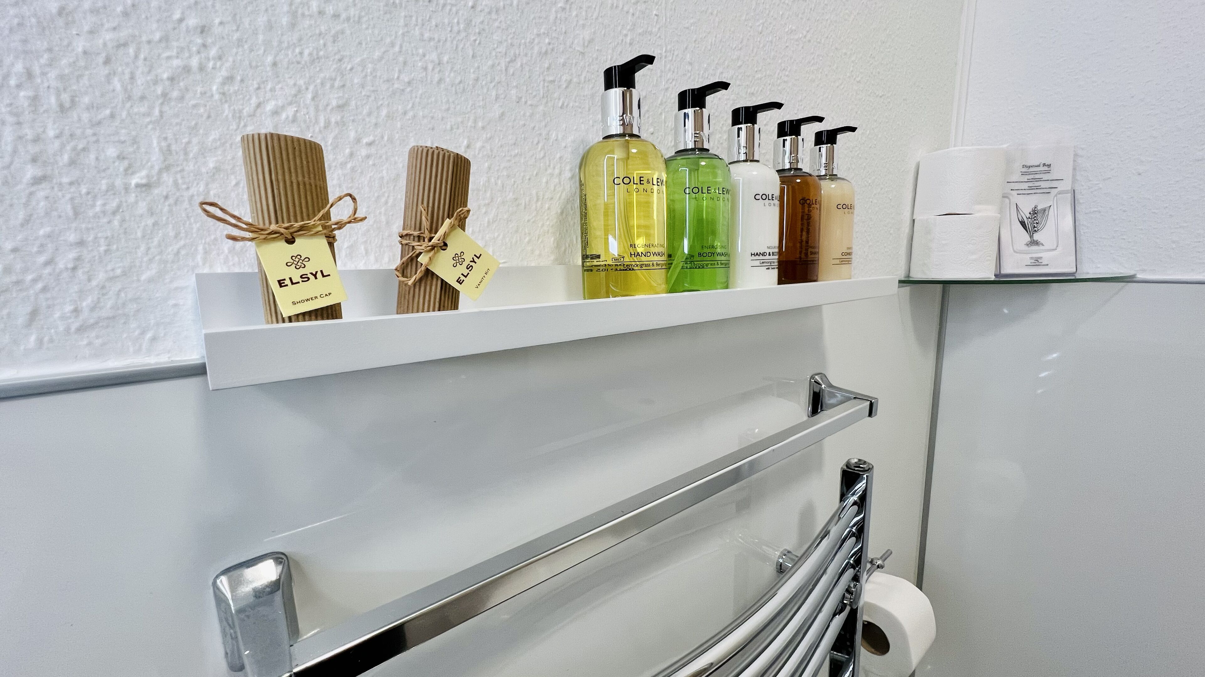 A bathroom shelf with toiletries and a towel rack.