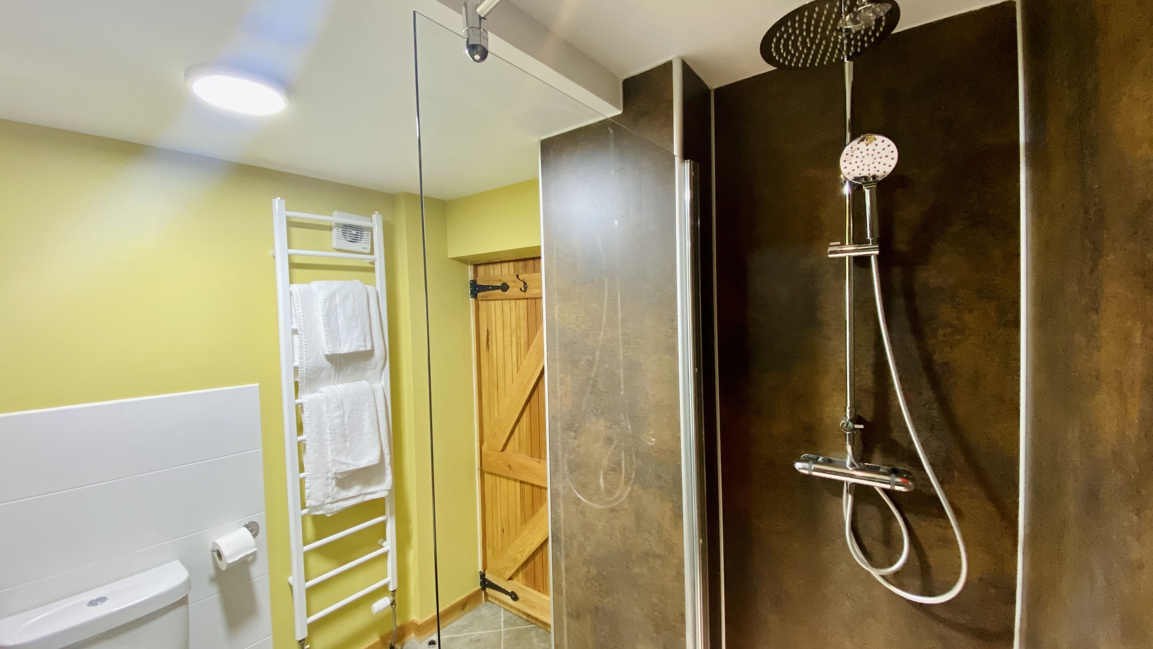 A modern bathroom with a glass shower enclosure, a towel rack, and a wooden door.
