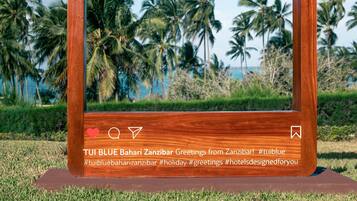 Un cadre en bois portant l’inscription « SOUVENIRS DE VACANCES » et « TUI BLUE Bahari Zanzibar – Salutations de Zanzibar ! », placé sur une pelouse avec des palmiers en arrière-plan.