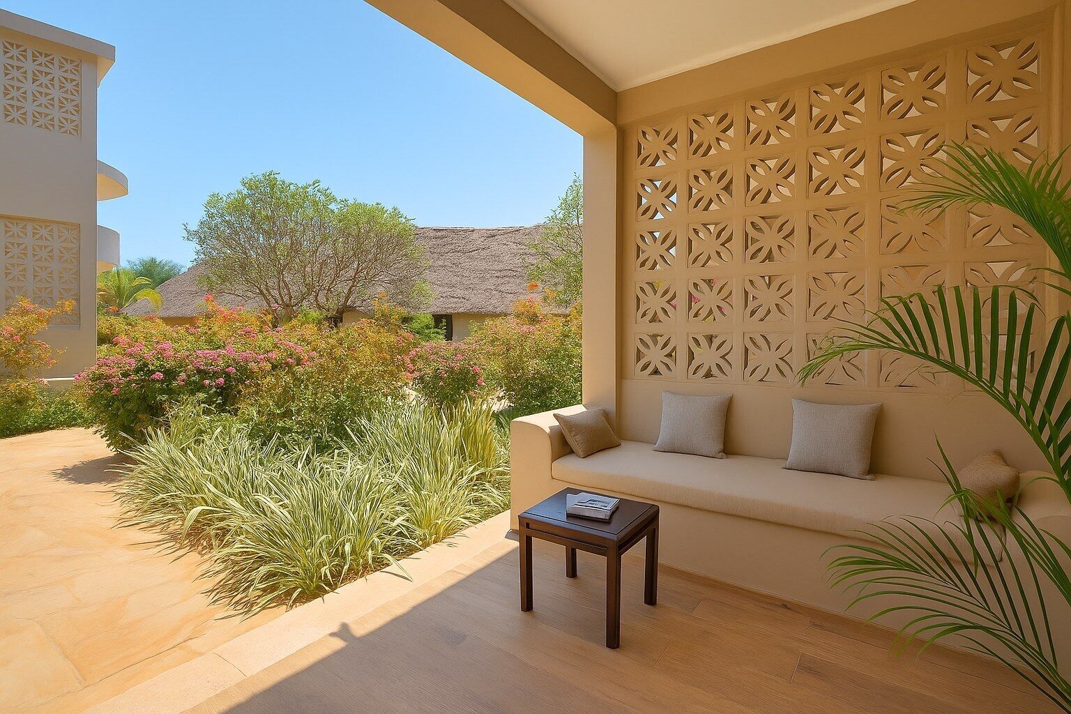 A sunlit room with a beige sofa, a small wooden table, and a decorative wall with geometric patterns.