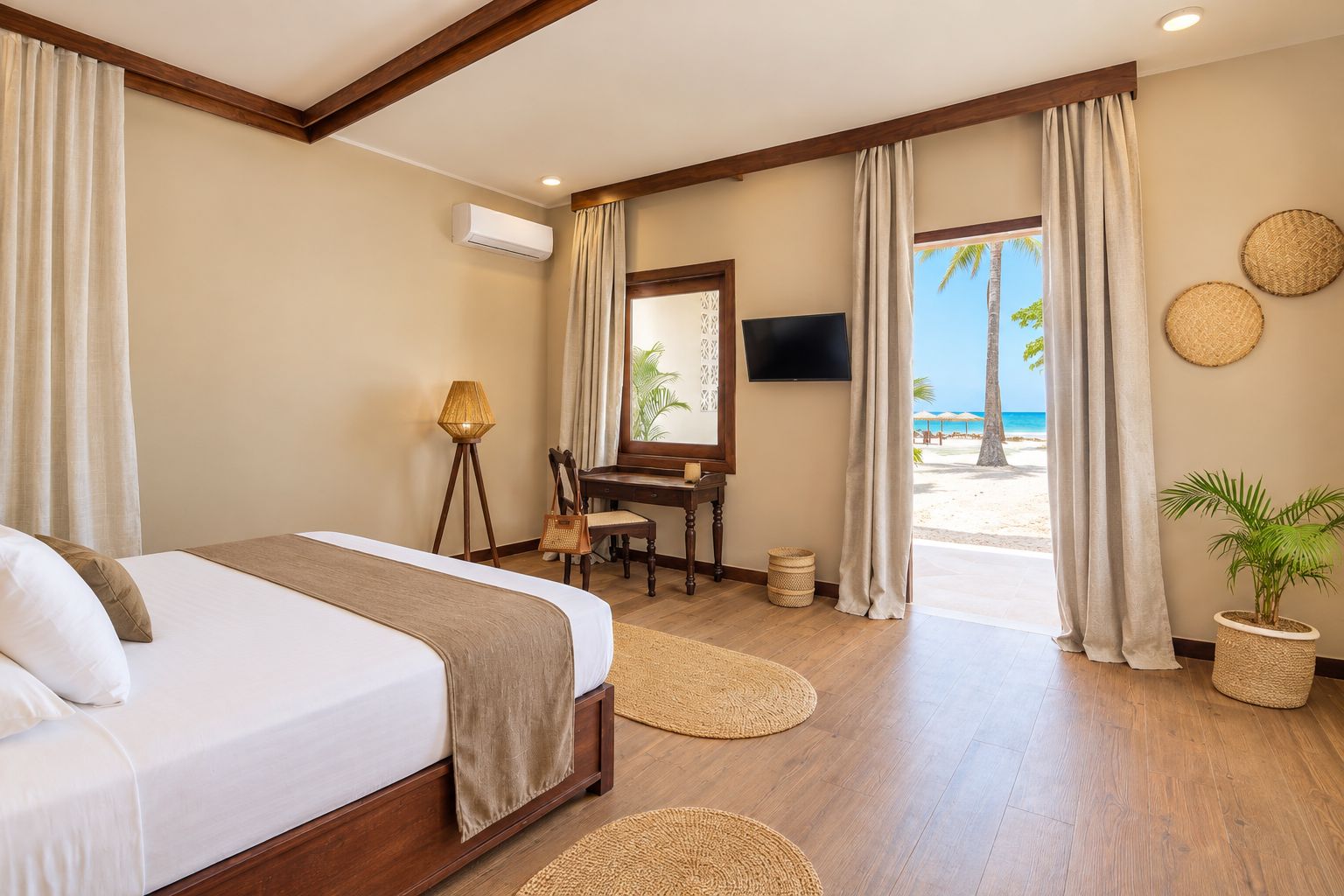 Une chambre d’hôtel avec un lit, un bureau, une chaise et une vue sur la plage.