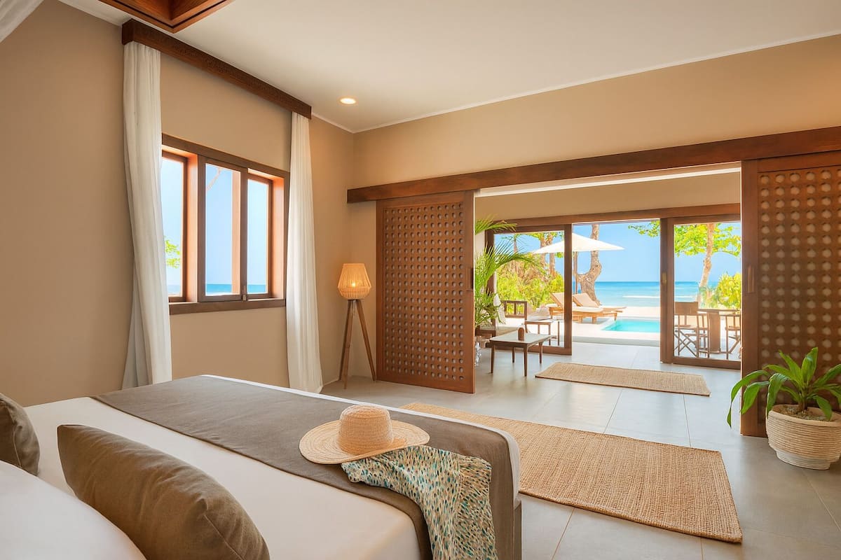 Vila, 1 kamar tidur, menghadap pantai | Seprai premium, minibar, brankas, dan meja kerja