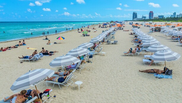 A beach with rows of sun loungers and umbrellas, a clear blue sky, and the ocean in the background.