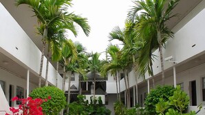A spacious courtyard with palm trees, potted plants, and a tiled floor.
