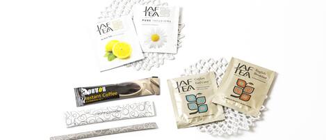 Various tea products including instant coffee and tea bags.