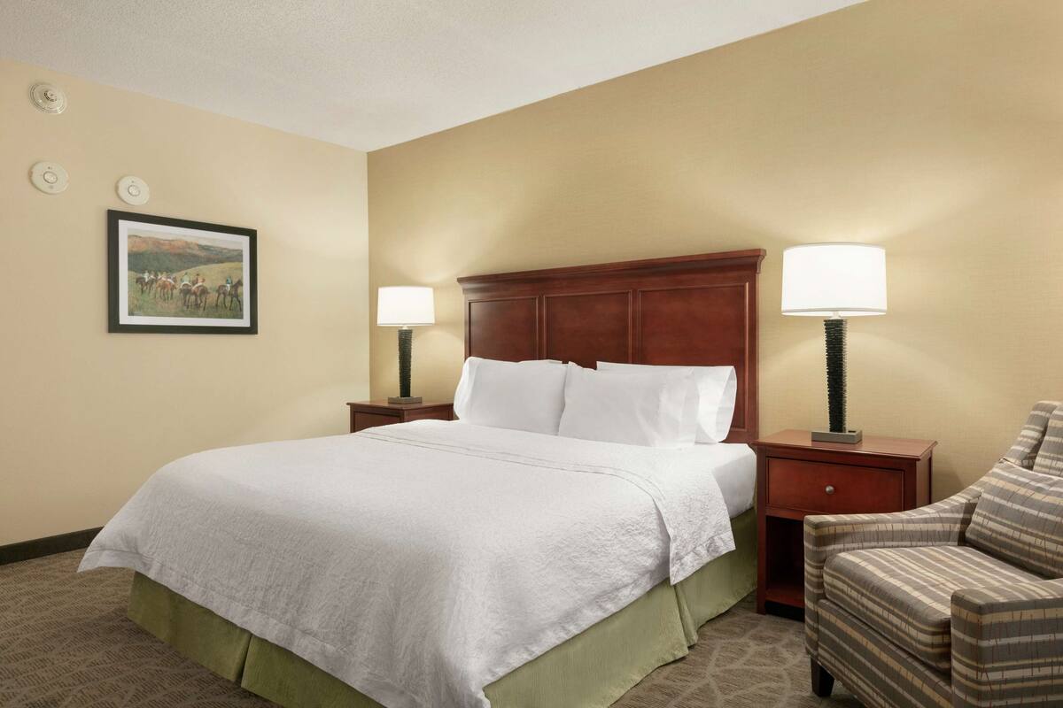 A hotel room with a large bed, two bedside tables with lamps, a chair, and a framed picture on the wall.