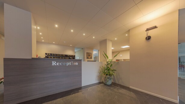 A reception area with a reception desk, a potted plant, and a wall-mounted light fixture. - Centro Siloe Residence Hotel (Milan)
