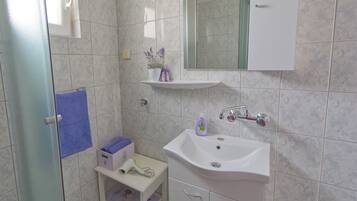 A bathroom with a white sink, a mirror above it, and a shelf with a purple bottle and a plant.