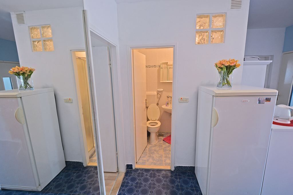A compact bathroom with a toilet, a sink, and two refrigerators.