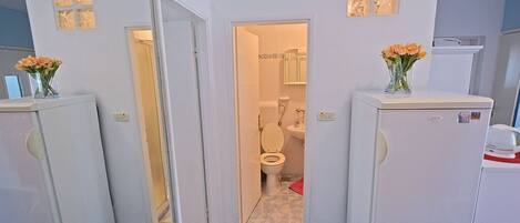 A compact bathroom with a toilet, a sink, and two refrigerators.