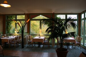A dining area with tables and chairs, large windows, and a potted plant.