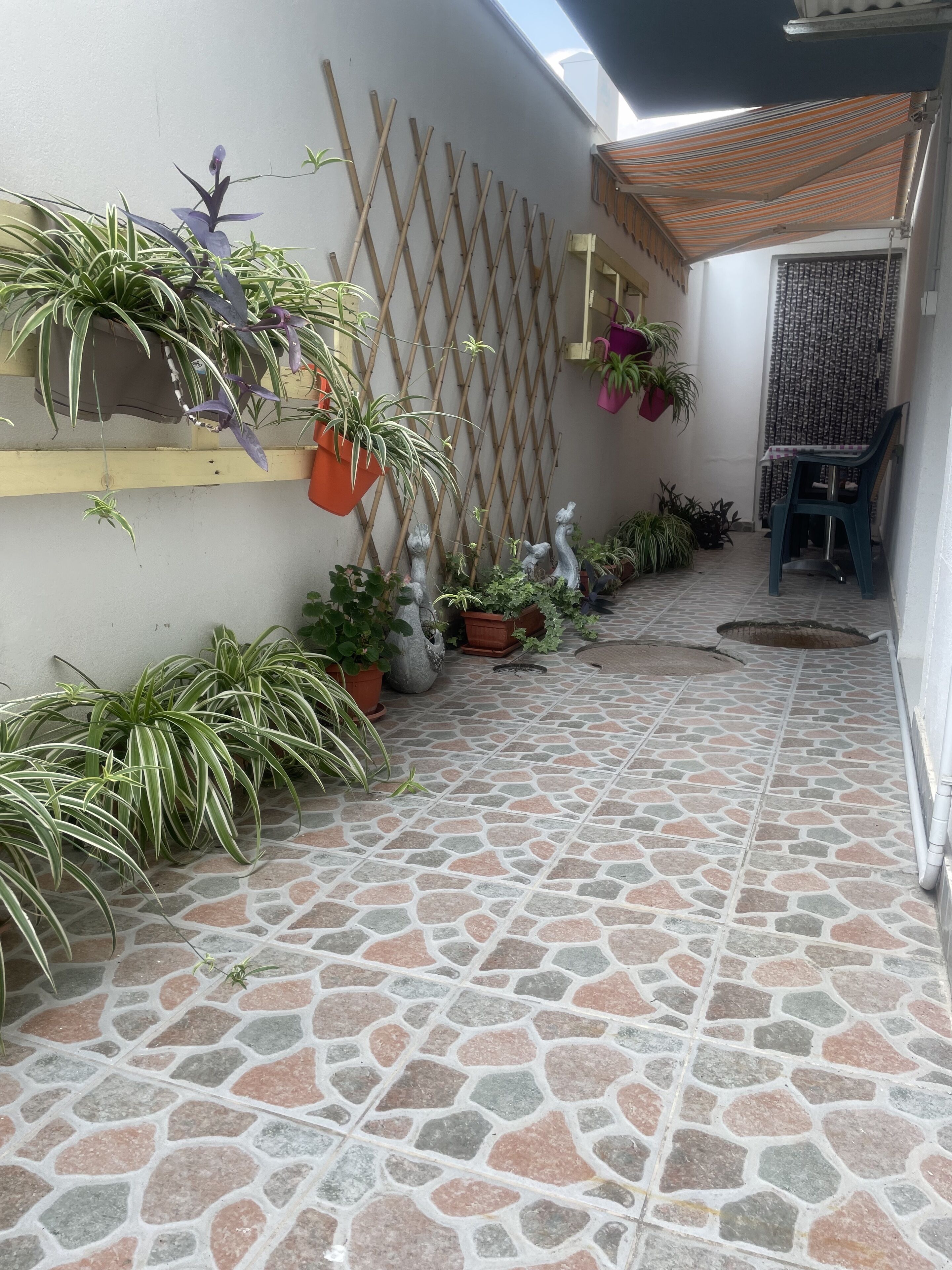 A tiled patio with potted plants and a bamboo fence.