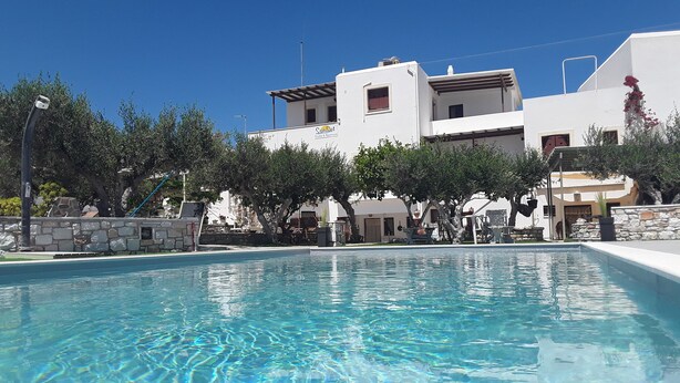 A swimming pool with clear blue water, surrounded by white buildings and trees. - Sunset Studios & Apartments - Adults Only (Paros)