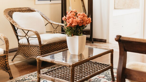 A wicker chair with a cushion, a glass table with a potted plant, and a patterned rug. - Pousada Minas Gerais (Ouro Preto)