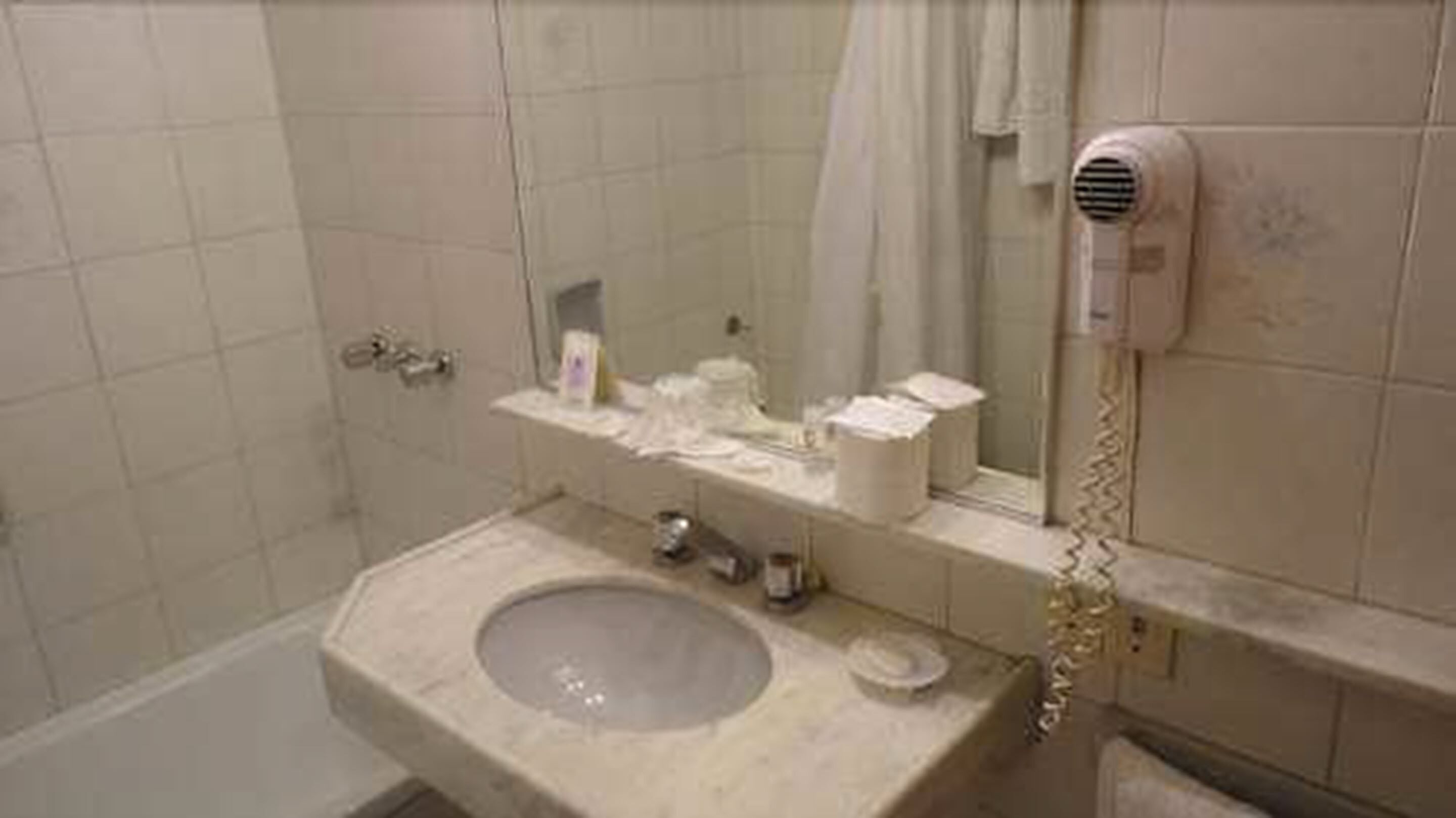 combined shower/bathtub, free toiletries, hair dryer, towels