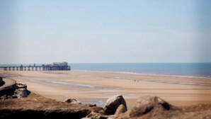 A beach with a pier extending into the water.