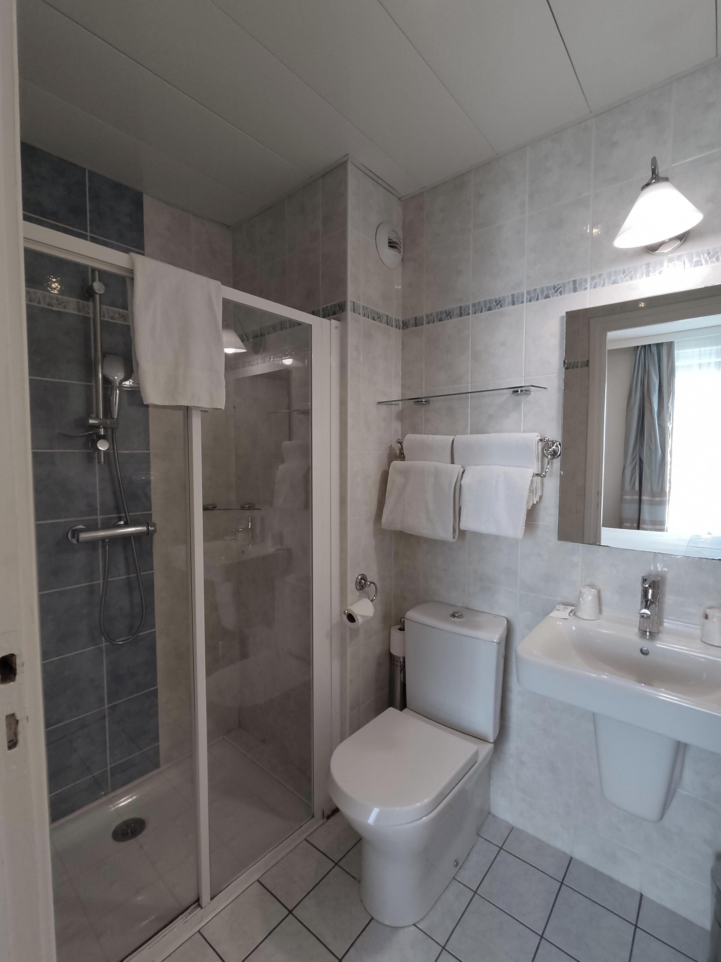 shower, free toiletries, hair dryer, towels