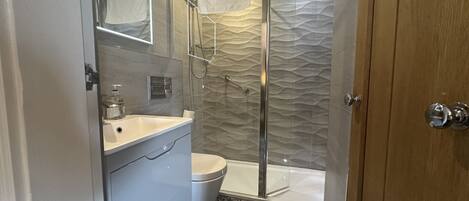 A modern bathroom with a glass-enclosed shower, a white sink, and a toilet.