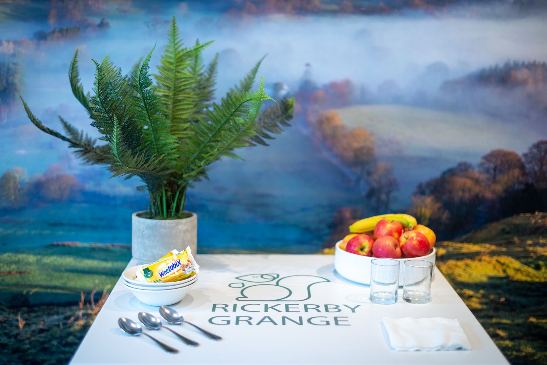 A table with a Weetabix bowl, a bowl of fruit, and a Weetabix packet, set against a scenic backdrop.