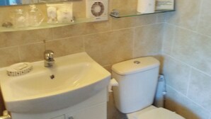 A bathroom with a sink, toilet, and a glass shelf with toiletries. - South Lodge (Bridlington)
