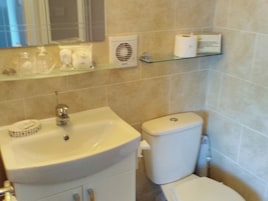 A bathroom with a sink, toilet, and a glass shelf with toiletries.