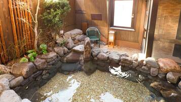 A small outdoor pond surrounded by rocks and plants, with a wooden fence and a door in the background.