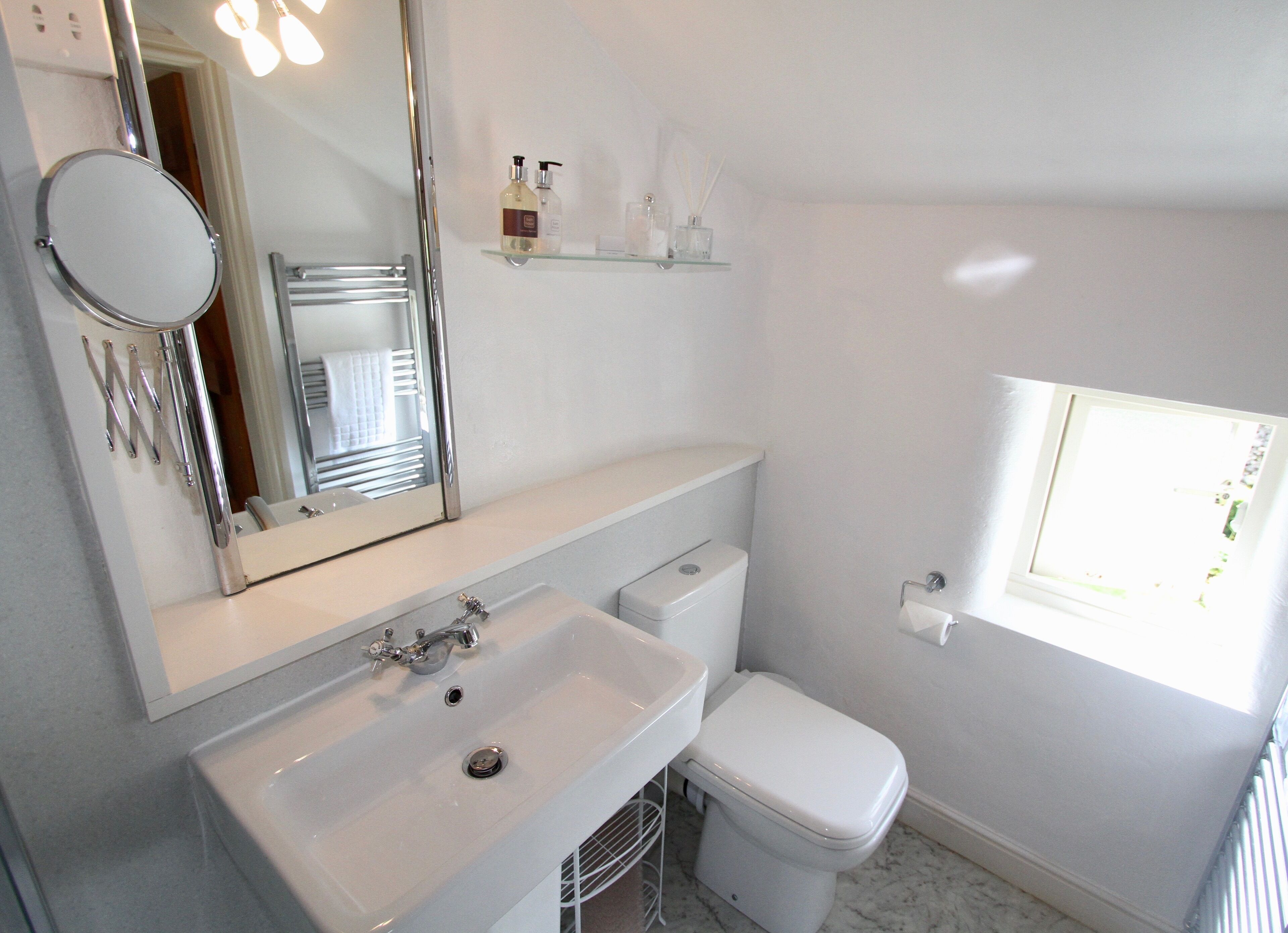 Une salle de bain avec un lavabo blanc, des toilettes, un miroir et une étagère contenant des articles de toilette.